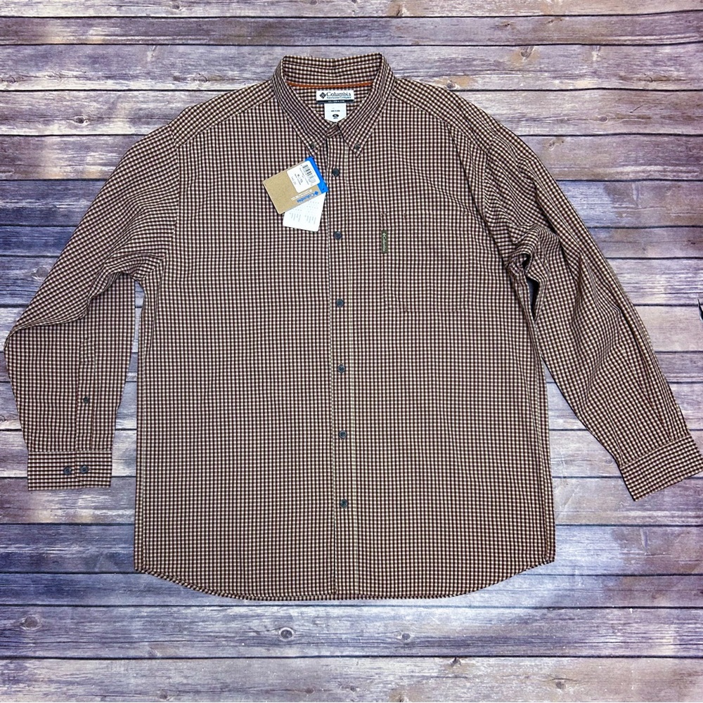 Columbia Brown Burgundy Tan Plaid Wiggins Pass II Button Up Long Sleeve Shirt XL